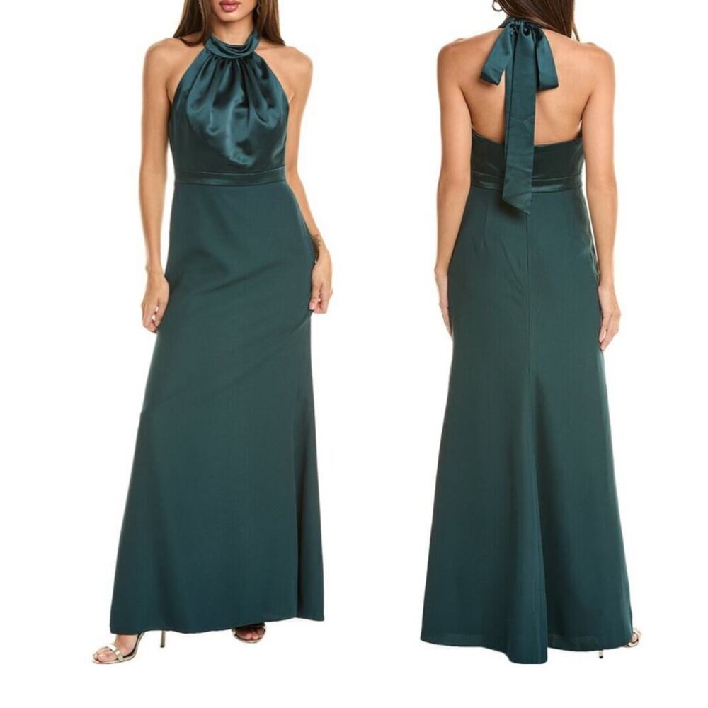 After Six Formal Gown Sz 8 Green Satin Evening Dress Open Back Halter Neck Maxi